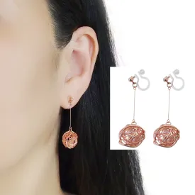 Dangle Rose Gold Mesh Ball & CZ Crystal Invisible Clip On Earrings