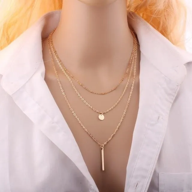 2018 New Women Fashion Gold Color 3 Layers Chain Necklace Hollow Out Triangle Long Pendant