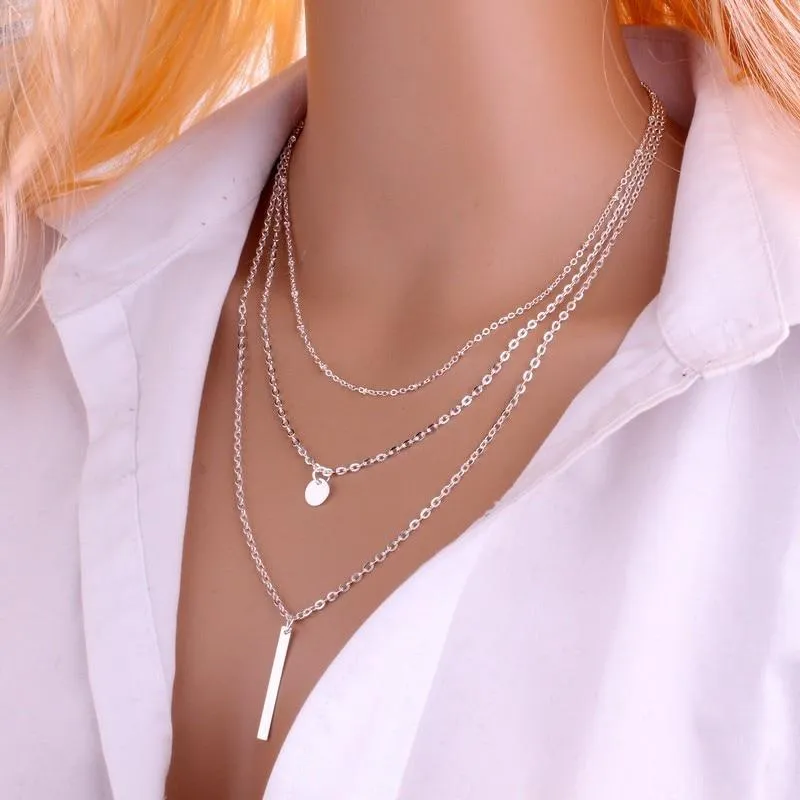 2018 New Women Fashion Gold Color 3 Layers Chain Necklace Hollow Out Triangle Long Pendant