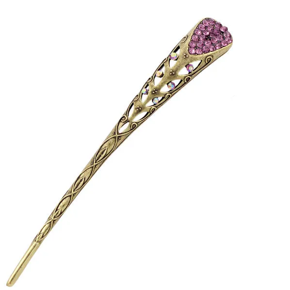 Antique Brass V Shape Hair Stick with Rhinestones