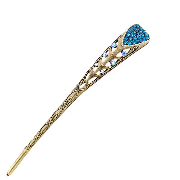 Antique Brass V Shape Hair Stick with Rhinestones