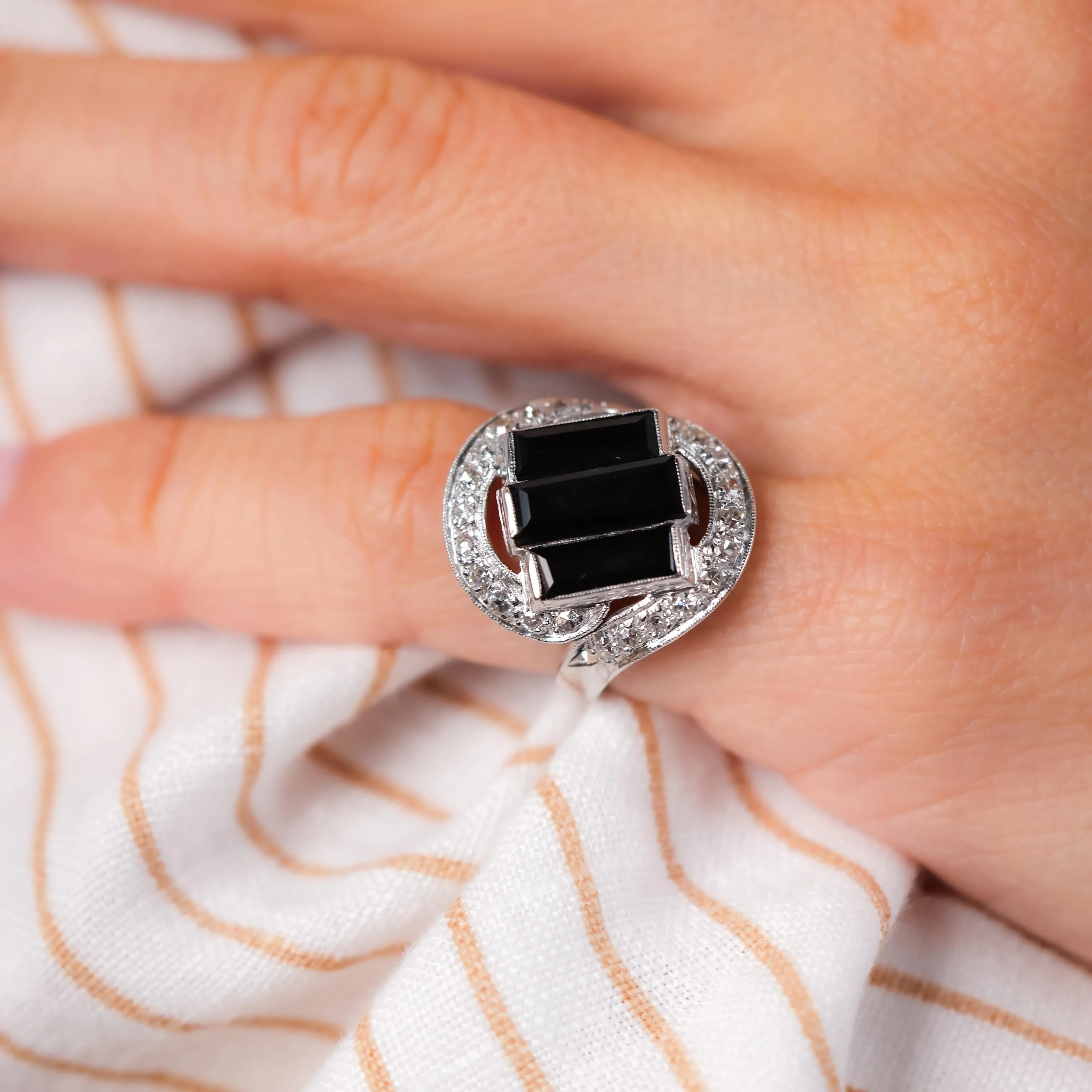 Art Deco Onyx Diamond Platinum Three Stone Ring