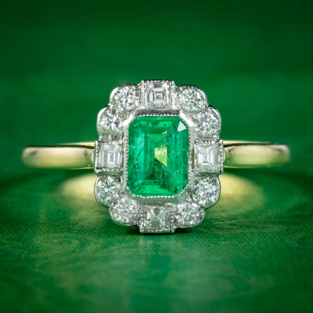 Art Deco Style Emerald Diamond Cluster Ring 0.70ct Emerald