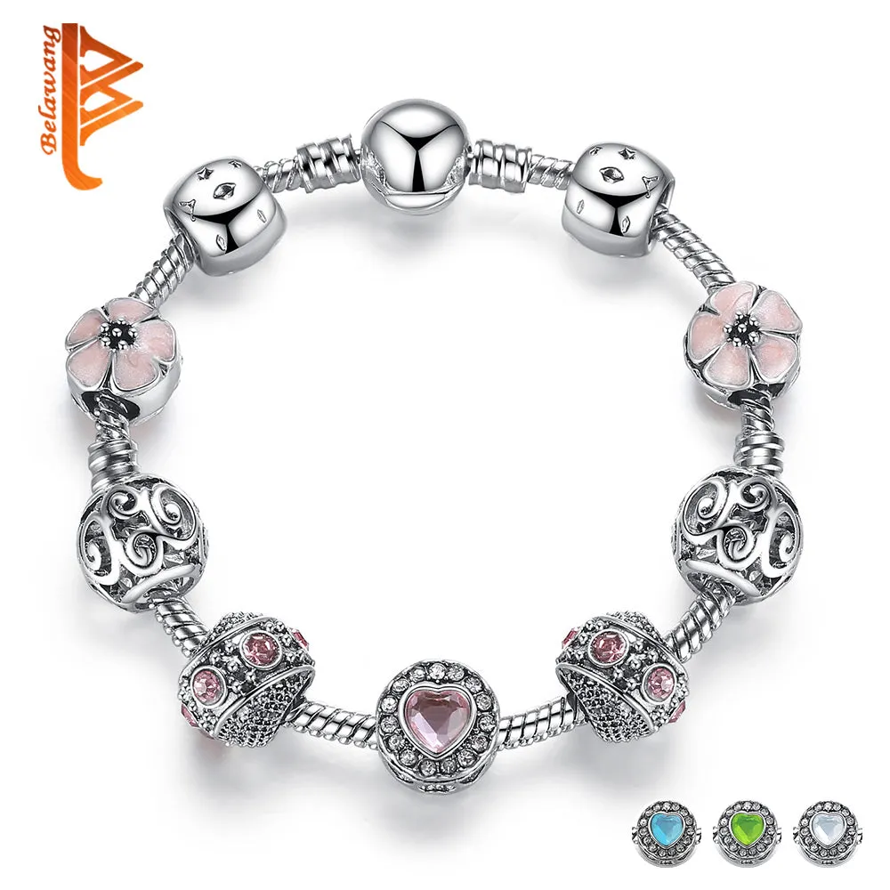 BELAWANG Luxury 925 Silver Charm Bracelet For Women With Flower and Crystal Heart Bead Bracelets Wedding Valentine's Day Jewelry