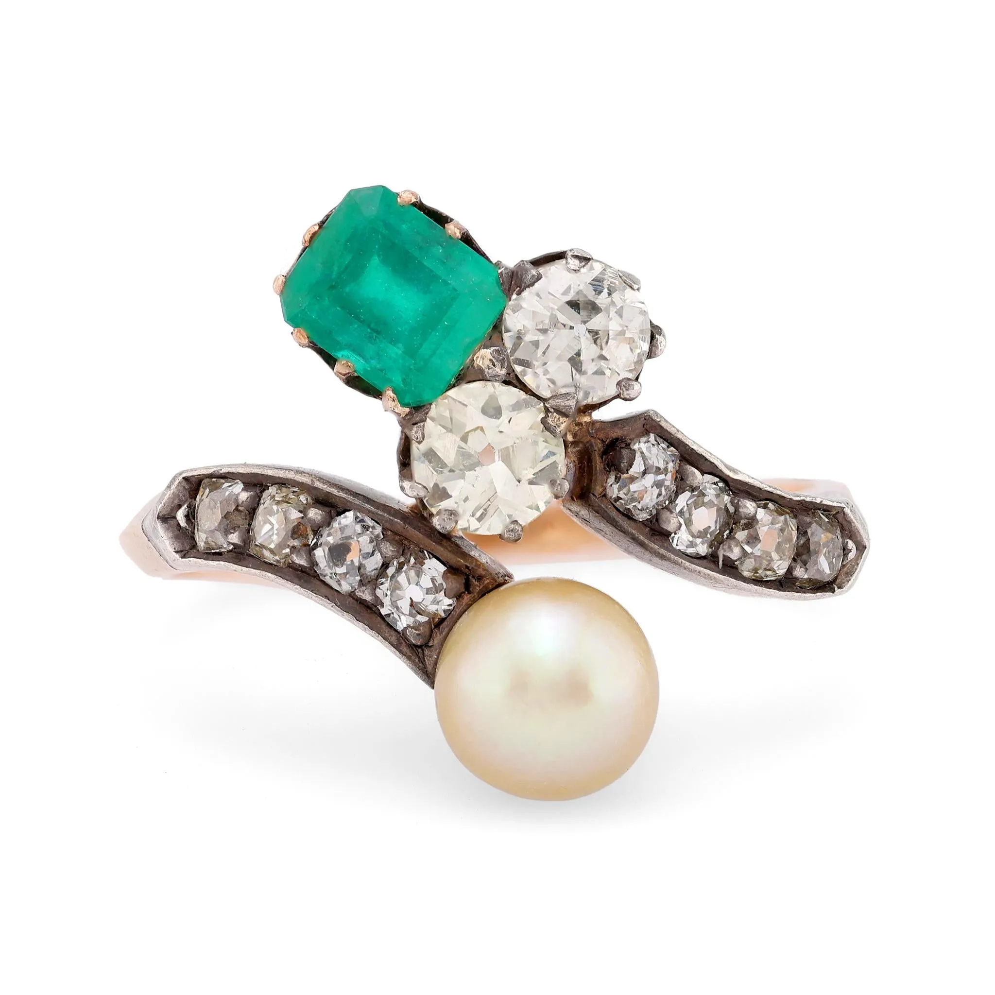 Belle Époque emerald pearl diamond 18k rose gold silver Toi Et Moi ring