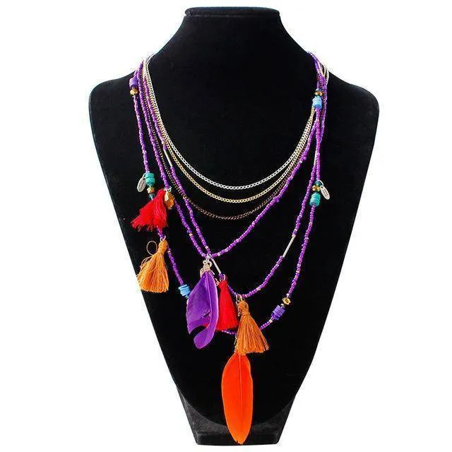 Bohemian  Necklaces Handmade Multilayered Beads Long Feather Tassel