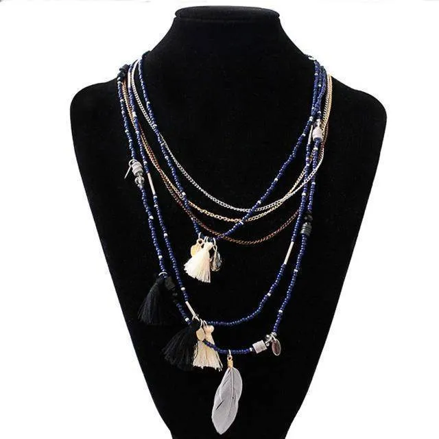 Bohemian  Necklaces Handmade Multilayered Beads Long Feather Tassel