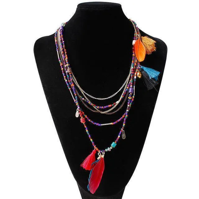 Bohemian  Necklaces Handmade Multilayered Beads Long Feather Tassel