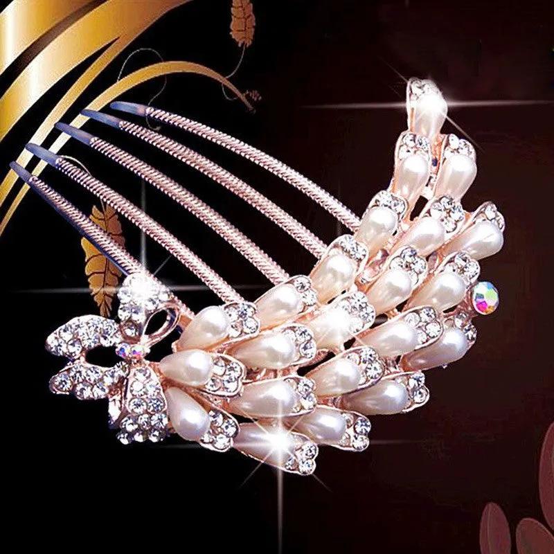 Bride Hairpin Peacock Pearl Flowers Crystal Rhinestone Flower hairpin