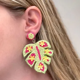 Bright Tropical Leaf Beaded Dangle Earrings