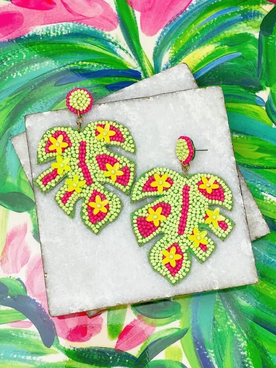 Bright Tropical Leaf Beaded Dangle Earrings