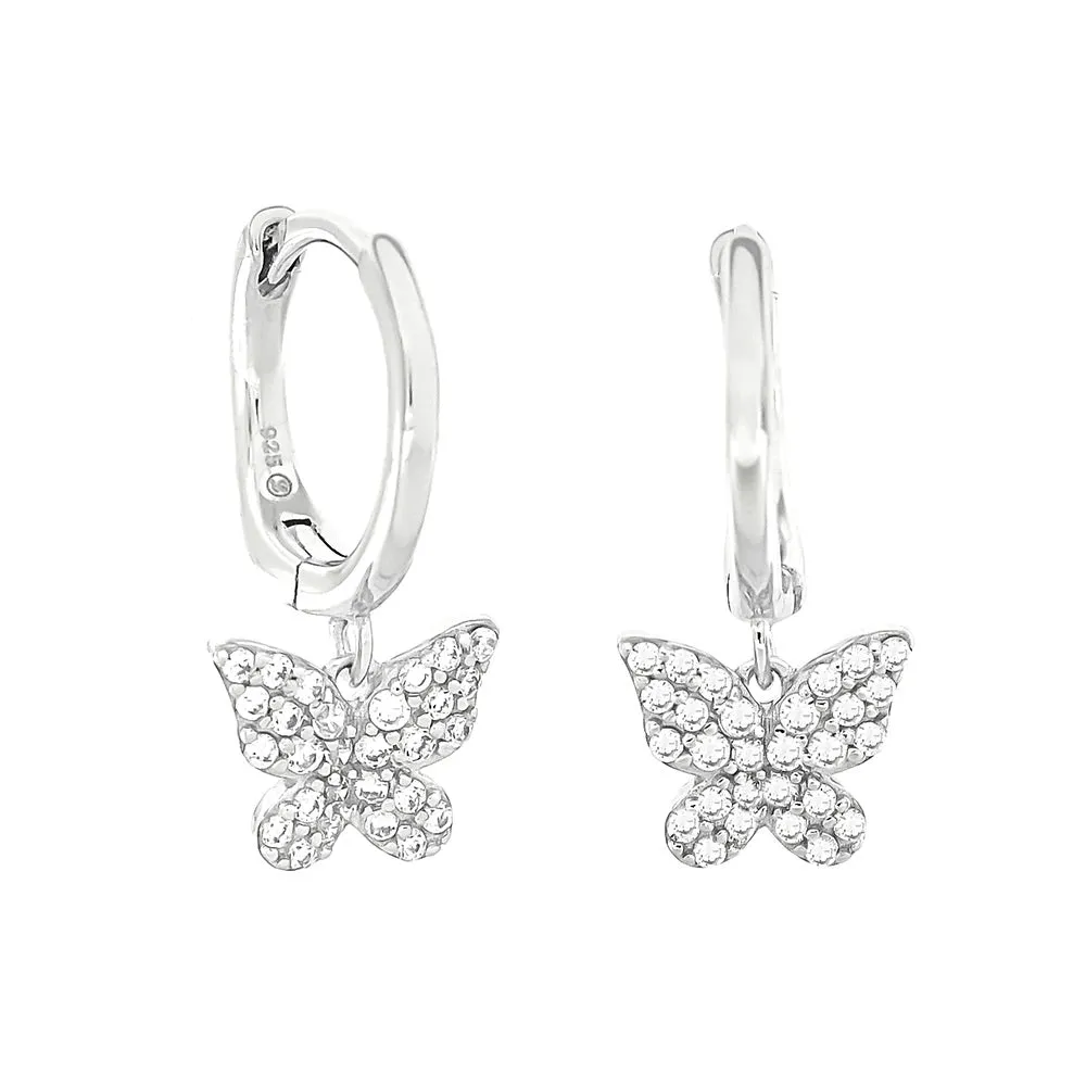 Butterfly Charm Hoop Earrings 925 Sterling Silver Pave Cubic Zirconia Hypoallergenic Tarnish Free Jewelry