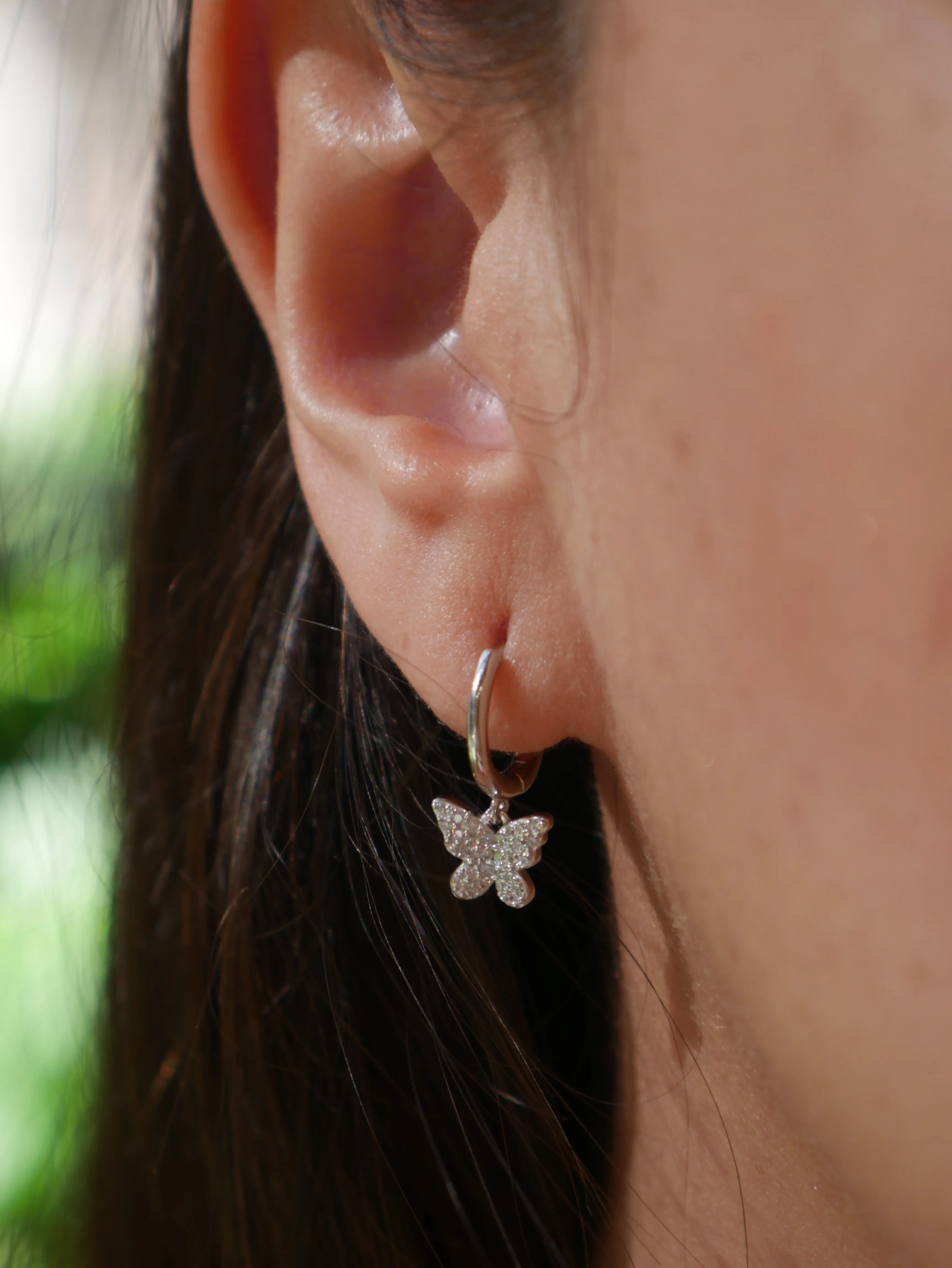 Butterfly Charm Hoop Earrings 925 Sterling Silver Pave Cubic Zirconia Hypoallergenic Tarnish Free Jewelry