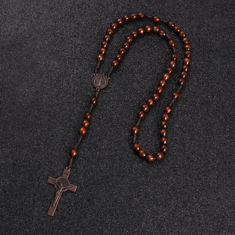 Christ Jesus Wooden Beads 8mm Rosary Bead Cross Pendant Woven Rope Chain Necklace Religious Orthodox Praying