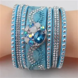 Crystal Bling in A Wide Aqua Leather Bracelet