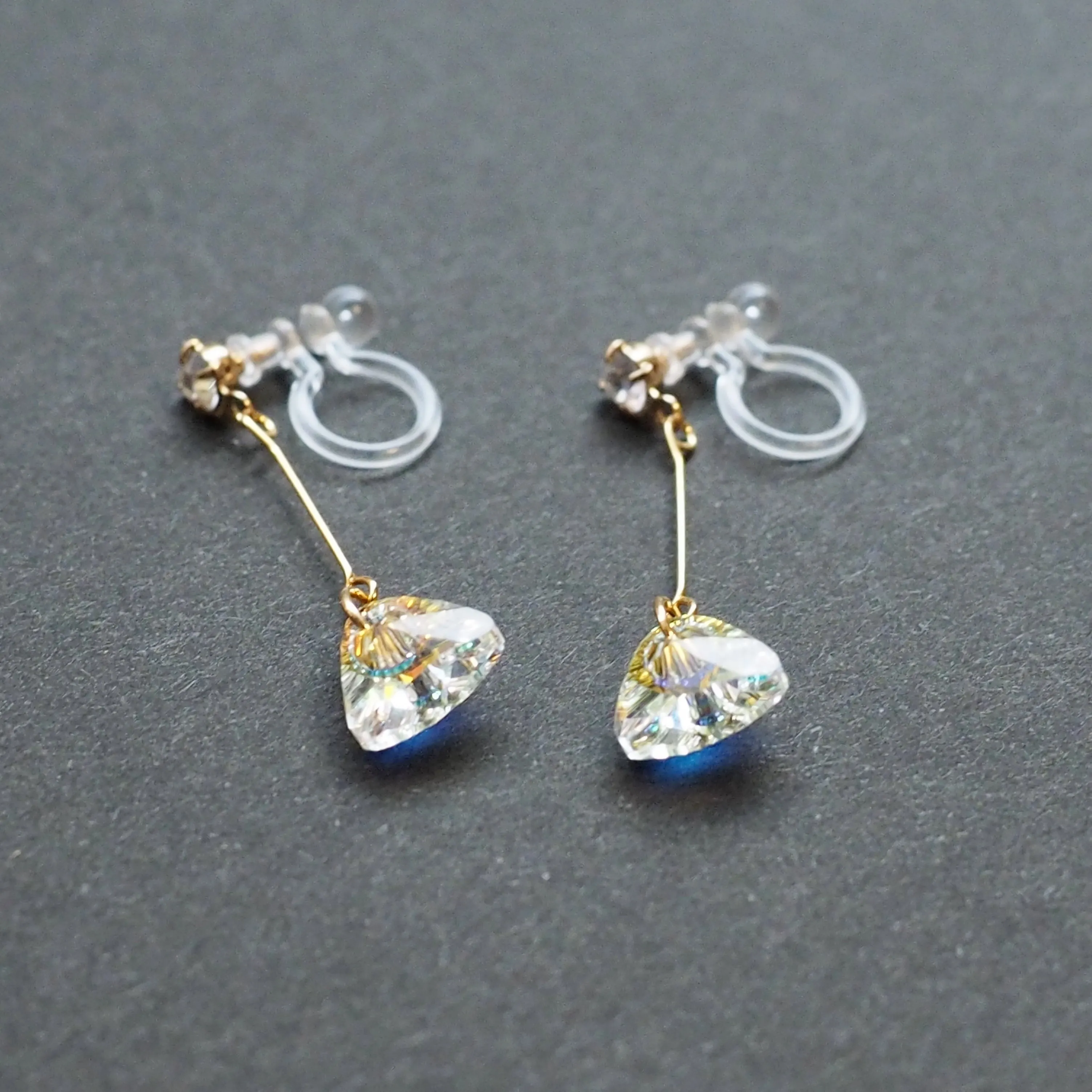 Dangle Aurora Borealis Triangle Swarovski Crystal Invisible Clip On Earrings (Gold tone)