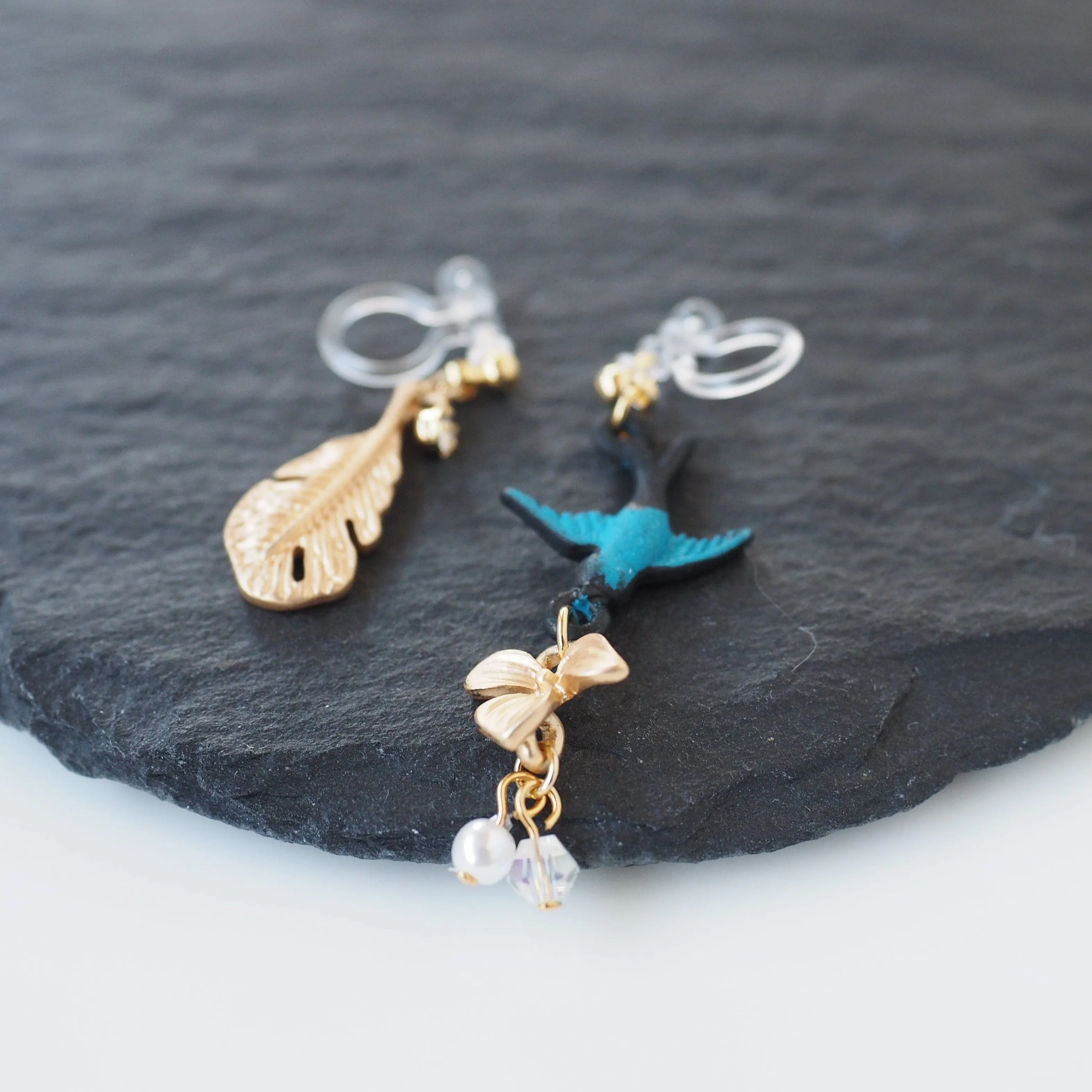 Dangle Bluebird & Leaf Invisible Clip On Earrings