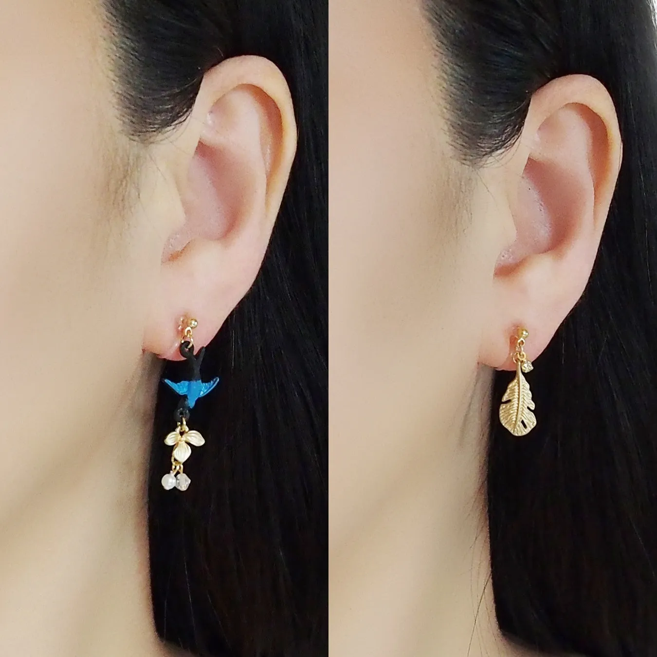 Dangle Bluebird & Leaf Invisible Clip On Earrings