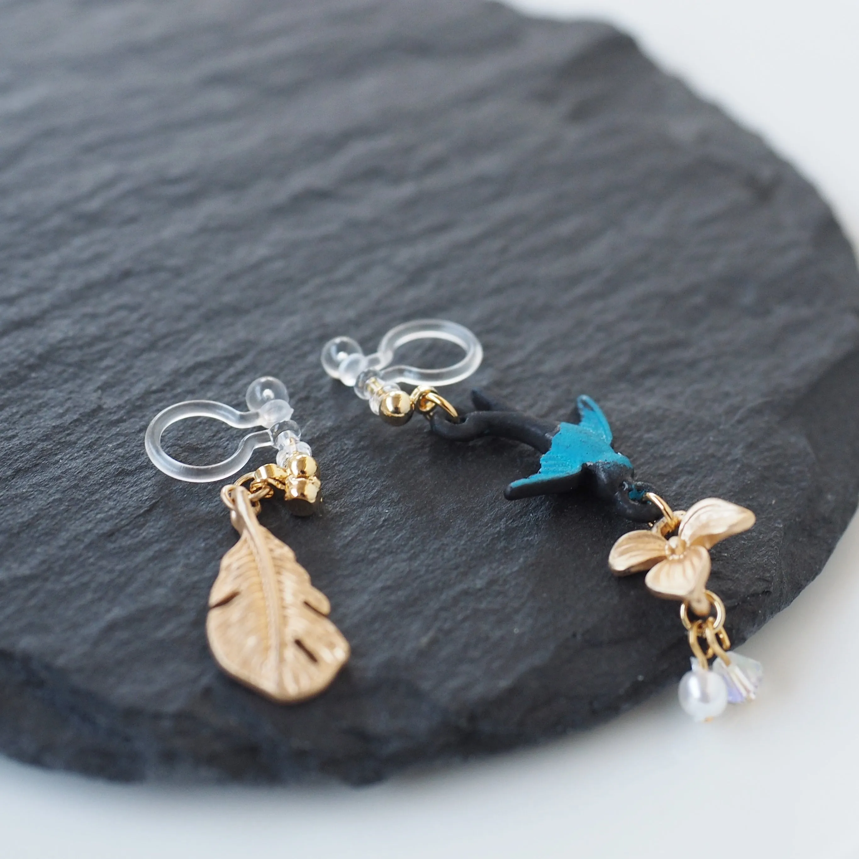 Dangle Bluebird & Leaf Invisible Clip On Earrings