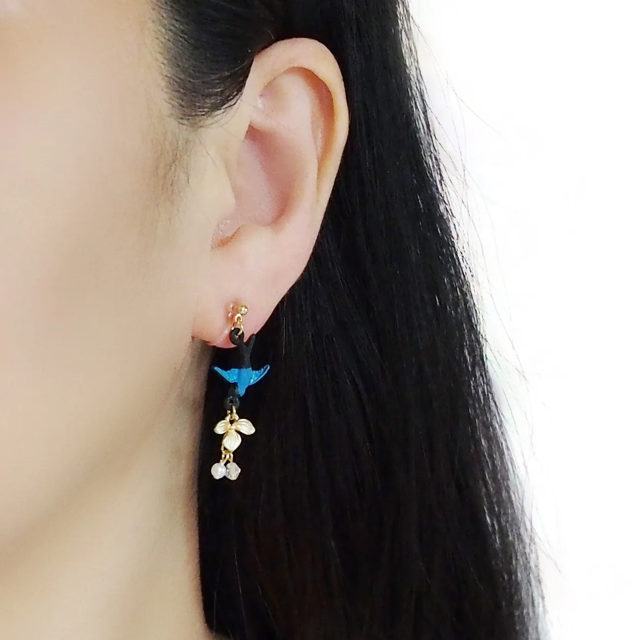 Dangle Bluebird & Leaf Invisible Clip On Earrings