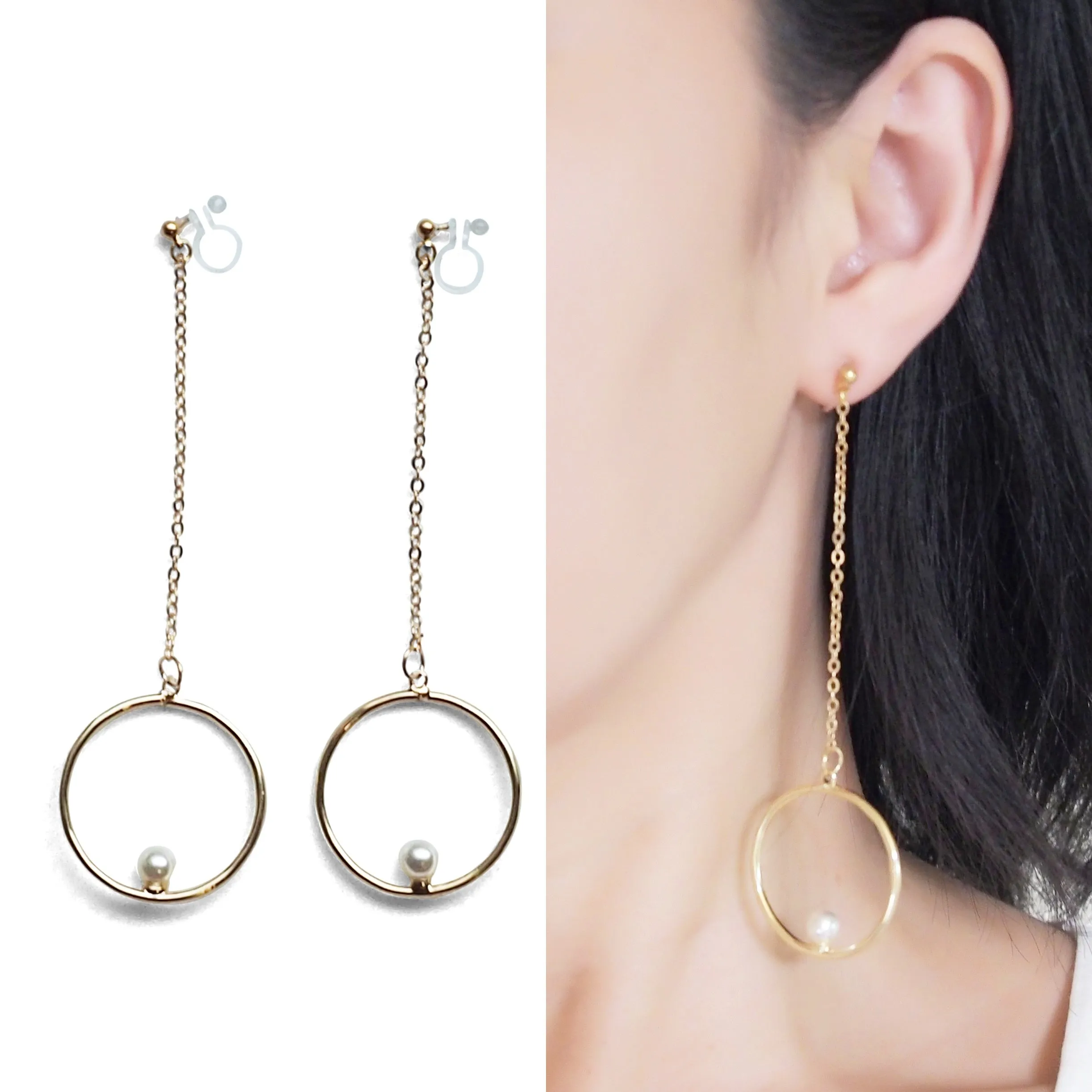 Dangle pearl on hoop invisible clip on earrings (gold tone)