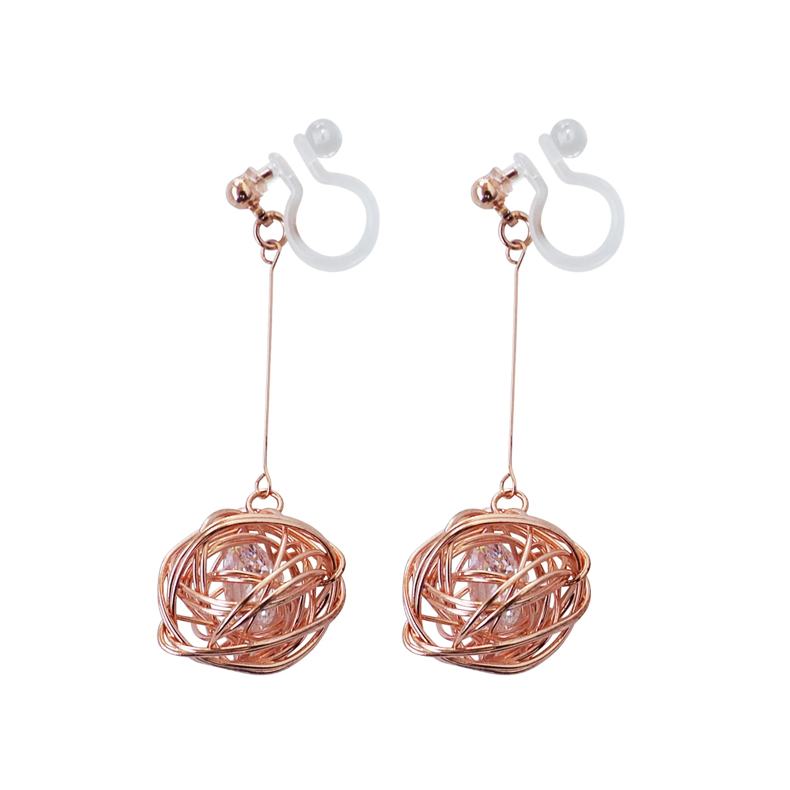 Dangle Rose Gold Mesh Ball & CZ Crystal Invisible Clip On Earrings