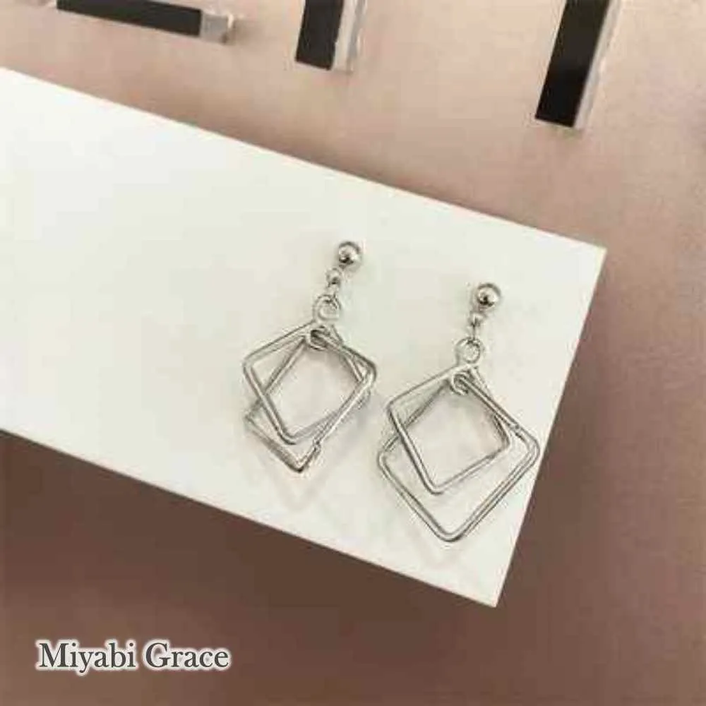 Dangle Silver Double Square Hoop Screw-Back Clip On Earrings