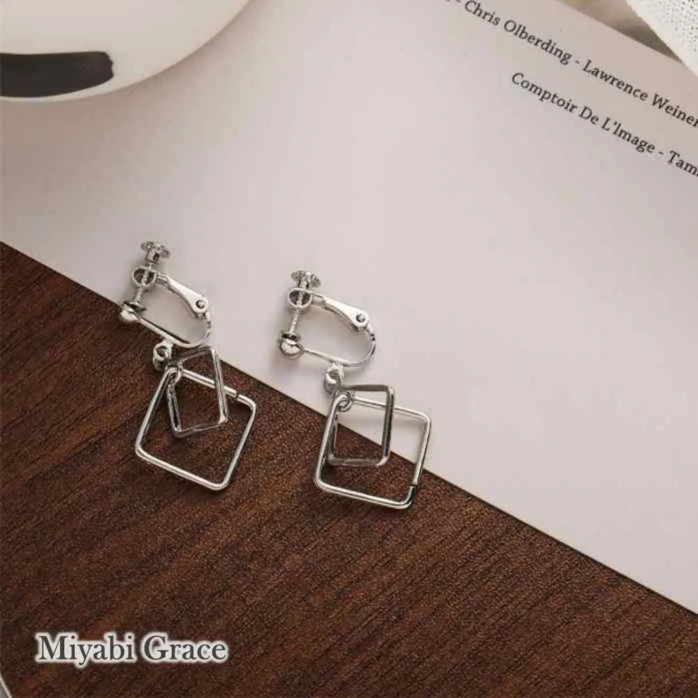 Dangle Silver Double Square Hoop Screw-Back Clip On Earrings