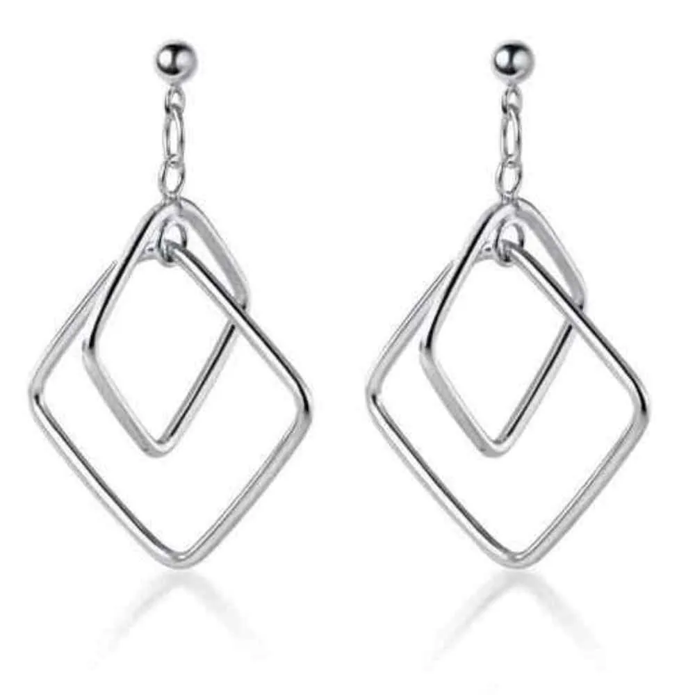 Dangle Silver Double Square Hoop Screw-Back Clip On Earrings