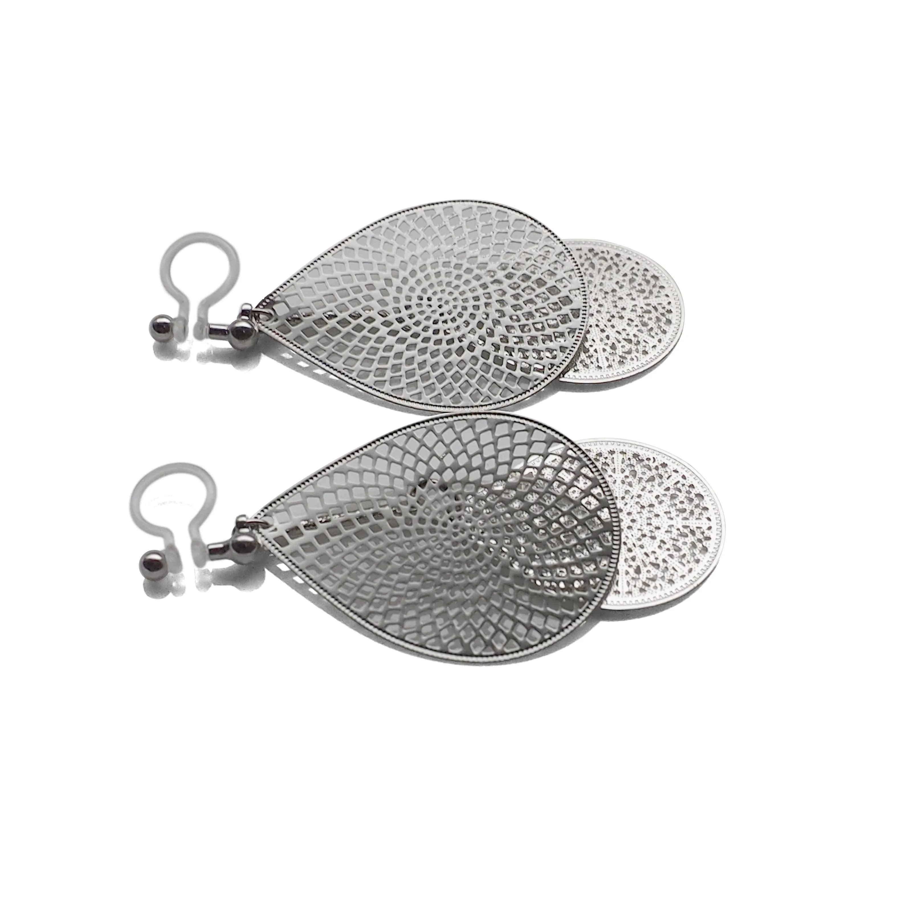 Dangle silver teardrop filigree invisible clip on earrings