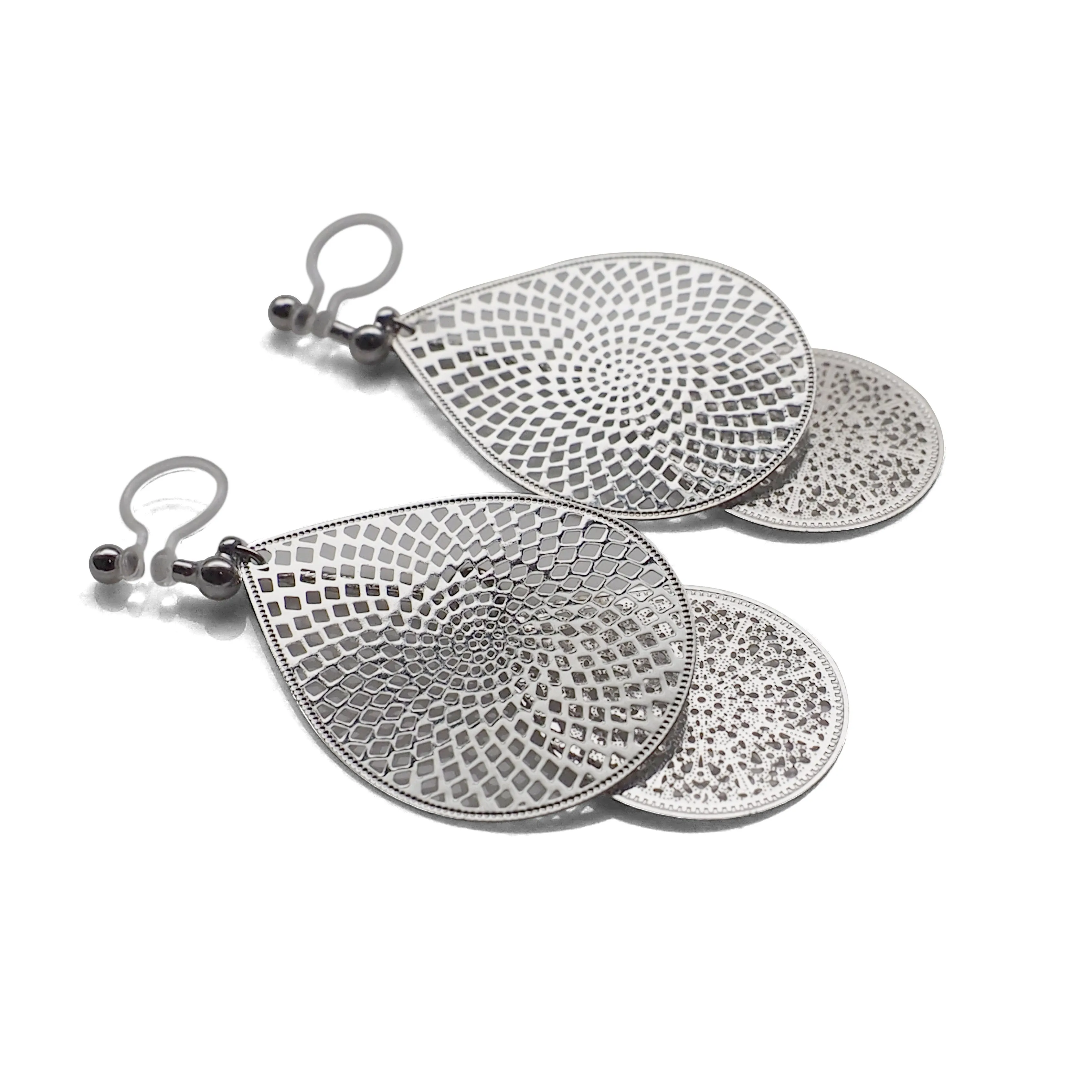 Dangle silver teardrop filigree invisible clip on earrings