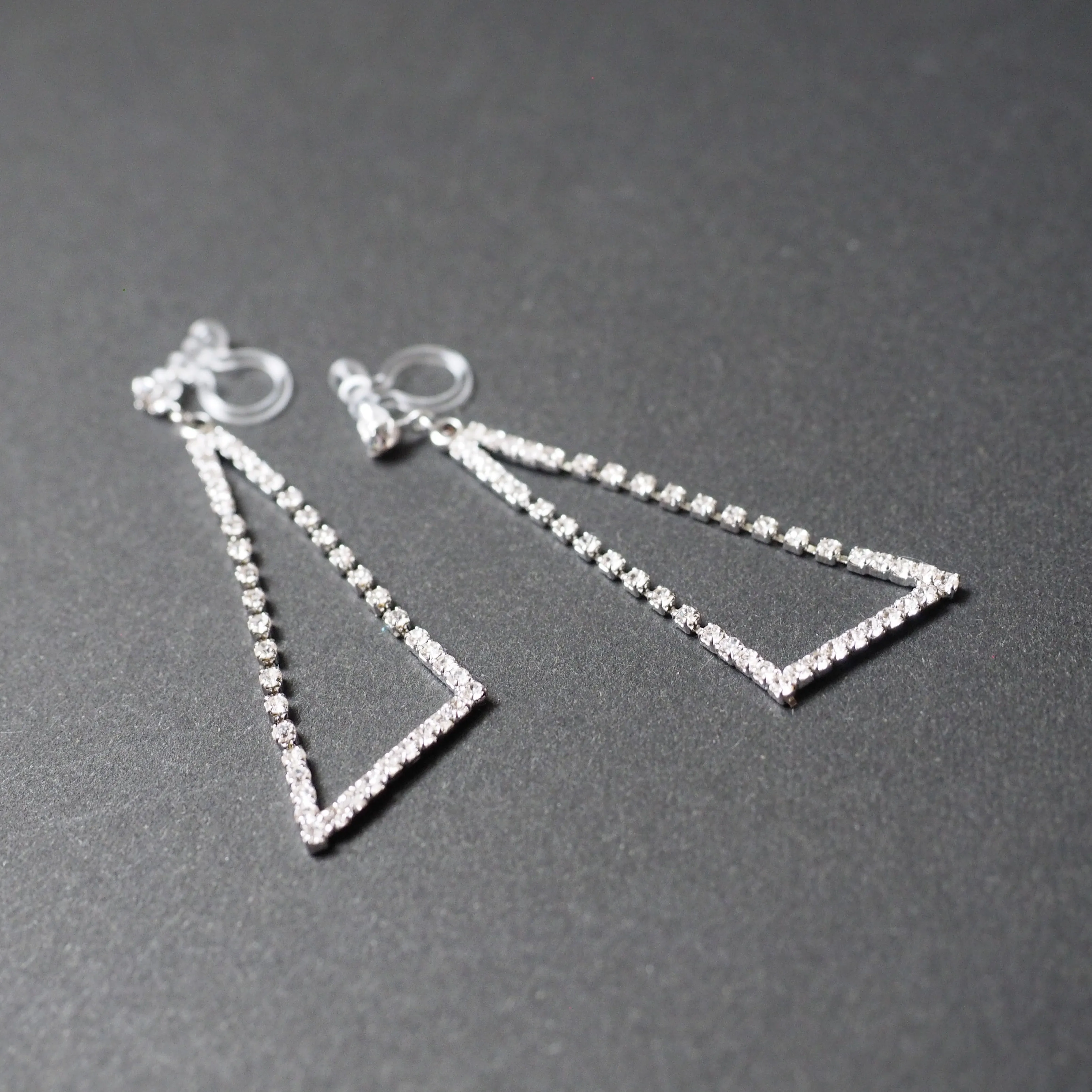 Dangle Silver Triangle Rhinestone Crystal Invisible Clip On Earrings