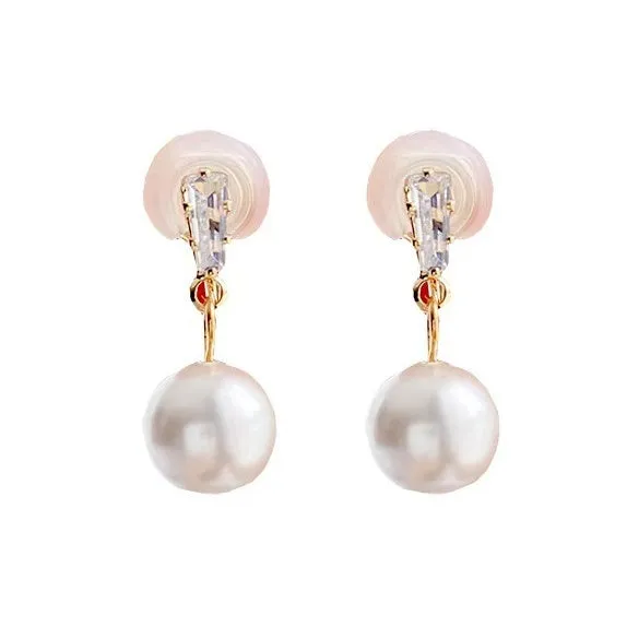 Dangle White Pearl with Crystal Rhinestone Spiral Clip On Earrings