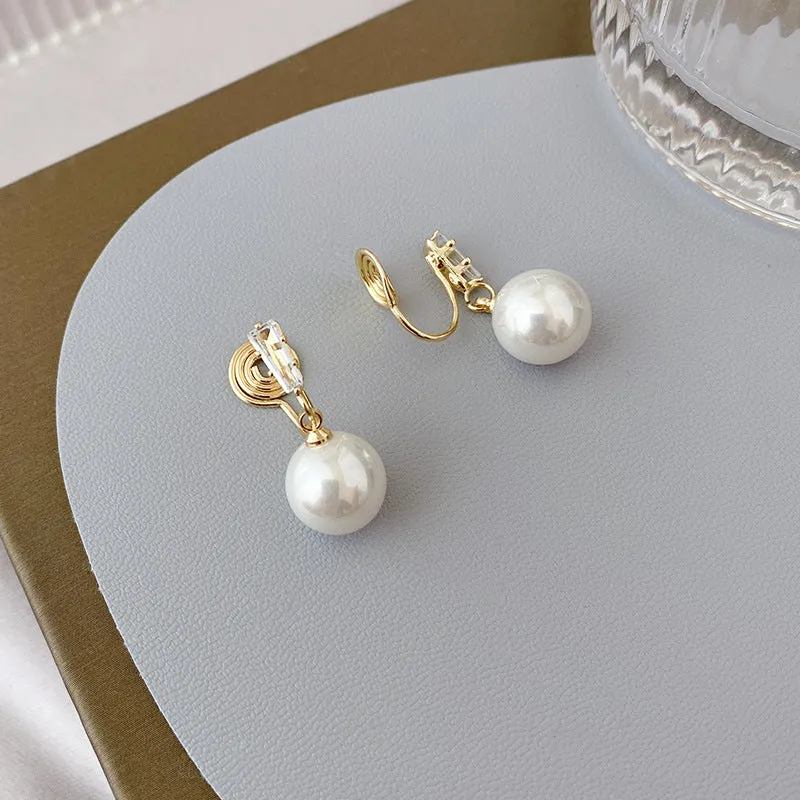 Dangle White Pearl with Crystal Rhinestone Spiral Clip On Earrings