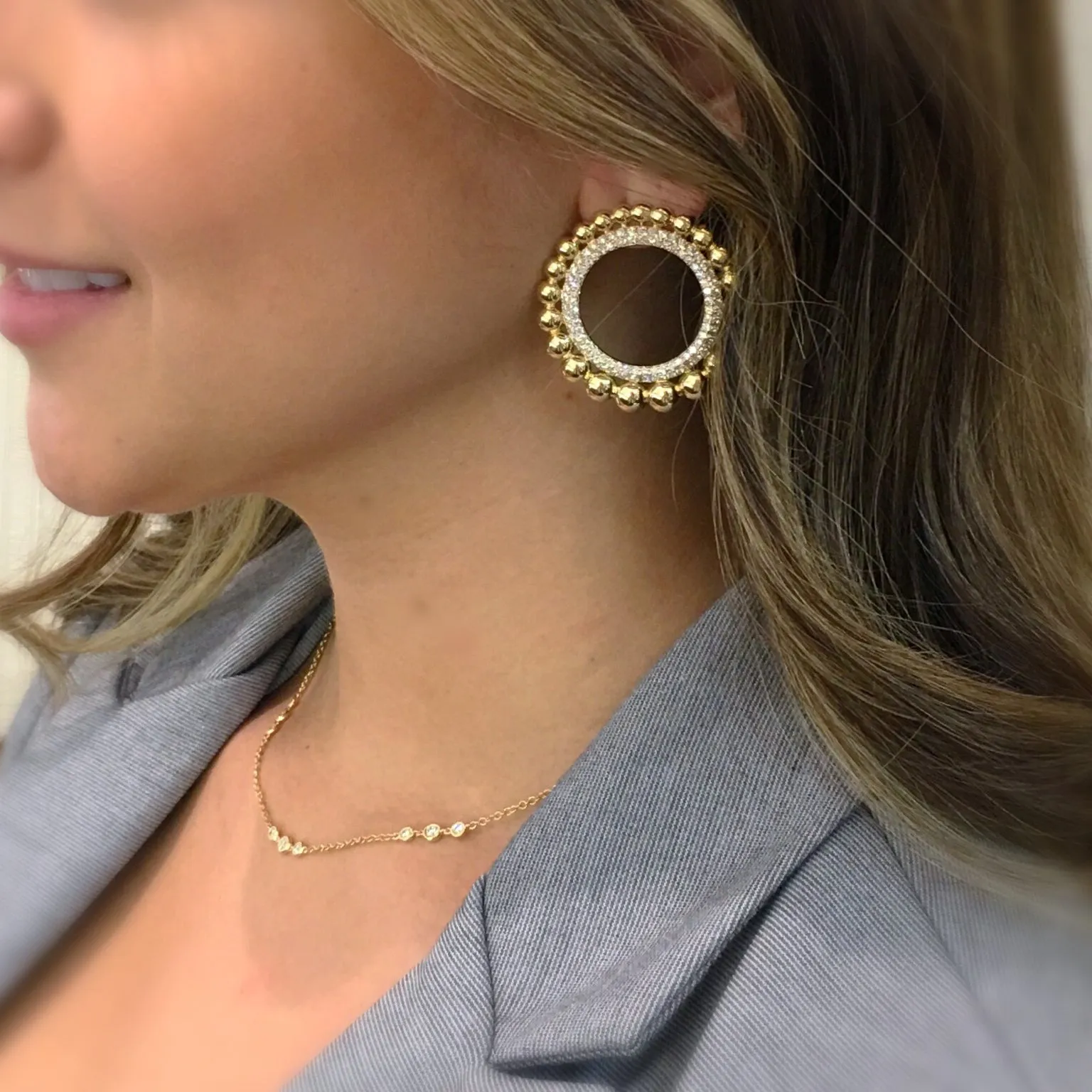 Diamond & Gold Beaded Circle Earrings