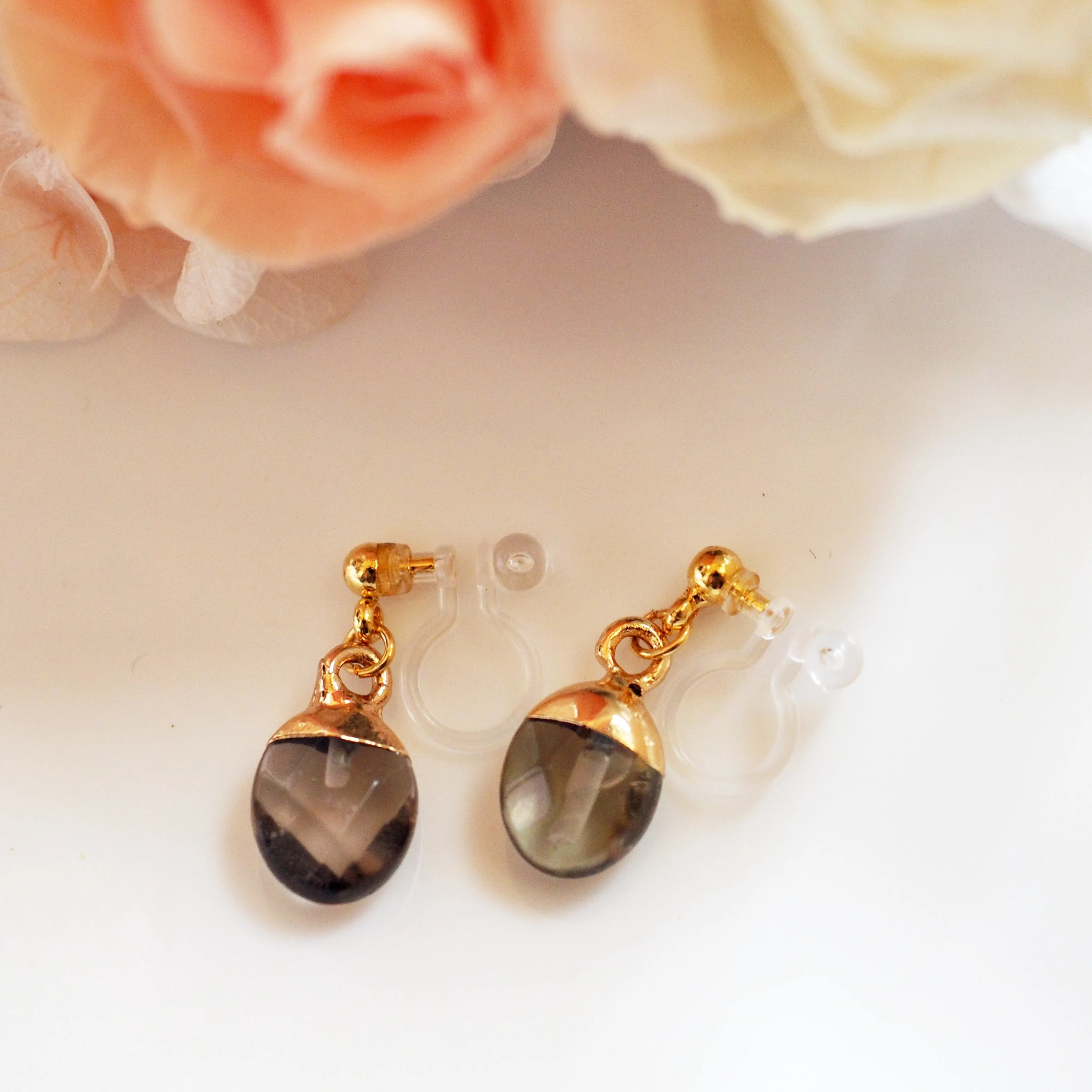 Drop Smoky Quartz Invisible Clip On Earrings