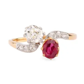 Edwardian Diamond Ruby 18K Yellow Gold Toi Et Moi Ring