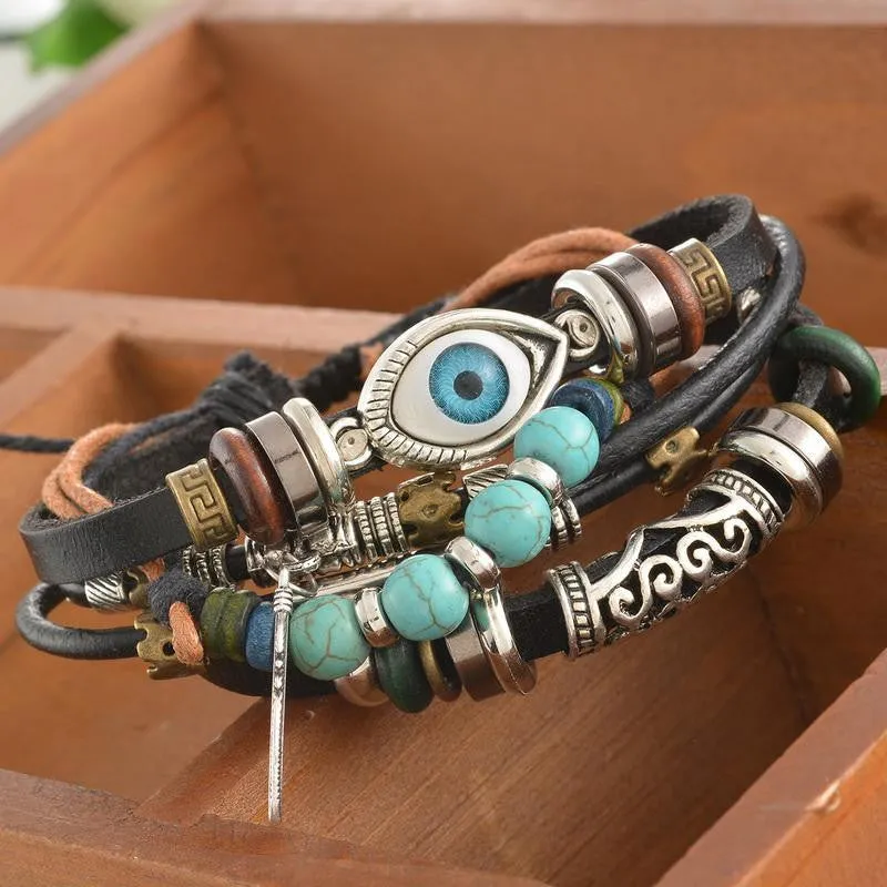 Ethnic Punk Wrap Multilayer Leather Beads Feather Evil Eye Adjustable Bracelet