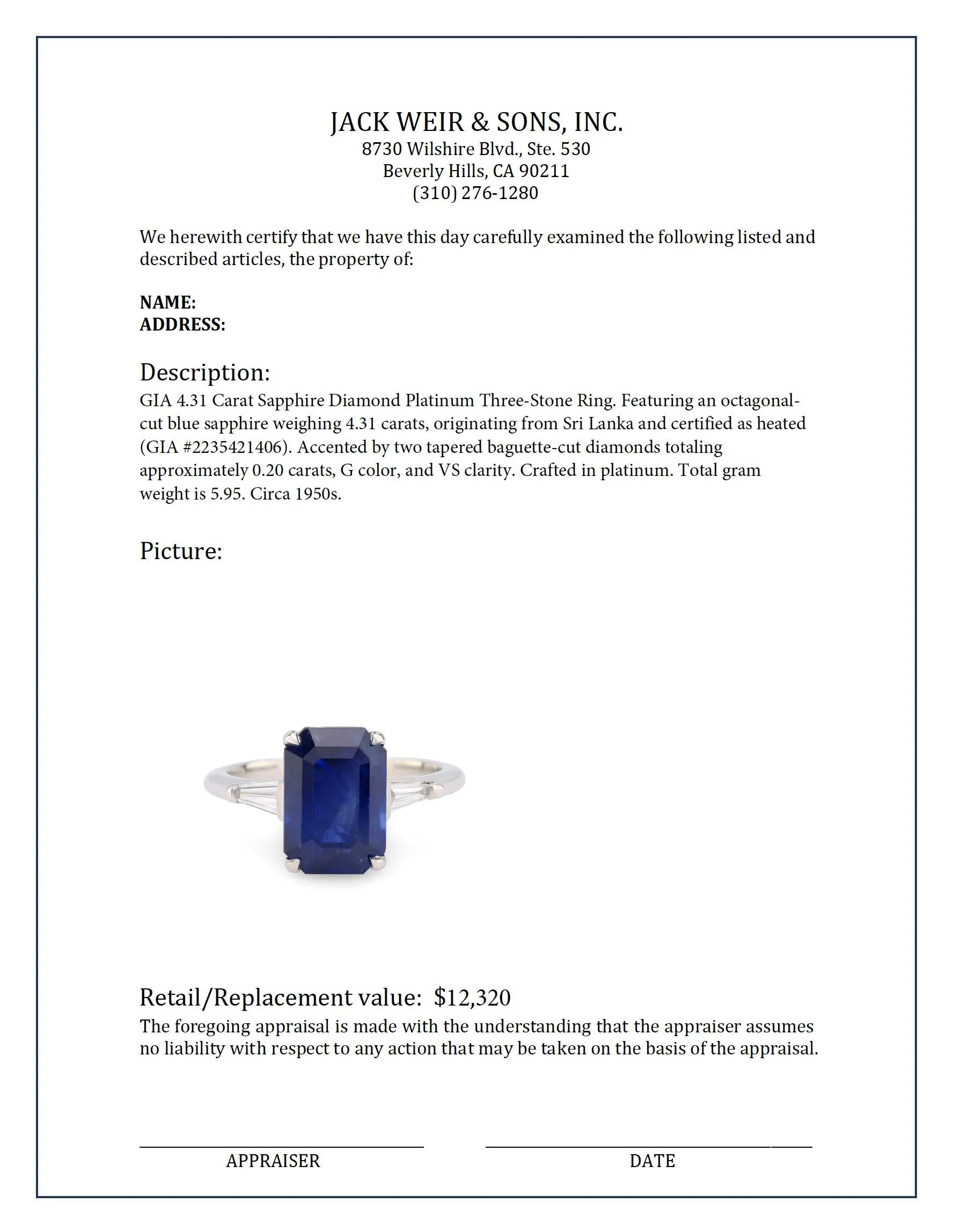 GIA 4.31 carat sapphire diamond platinum three stone ring