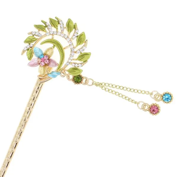 Gold Finish Colored Flower Wreath Hair Stick with Rhinestones and Tassels