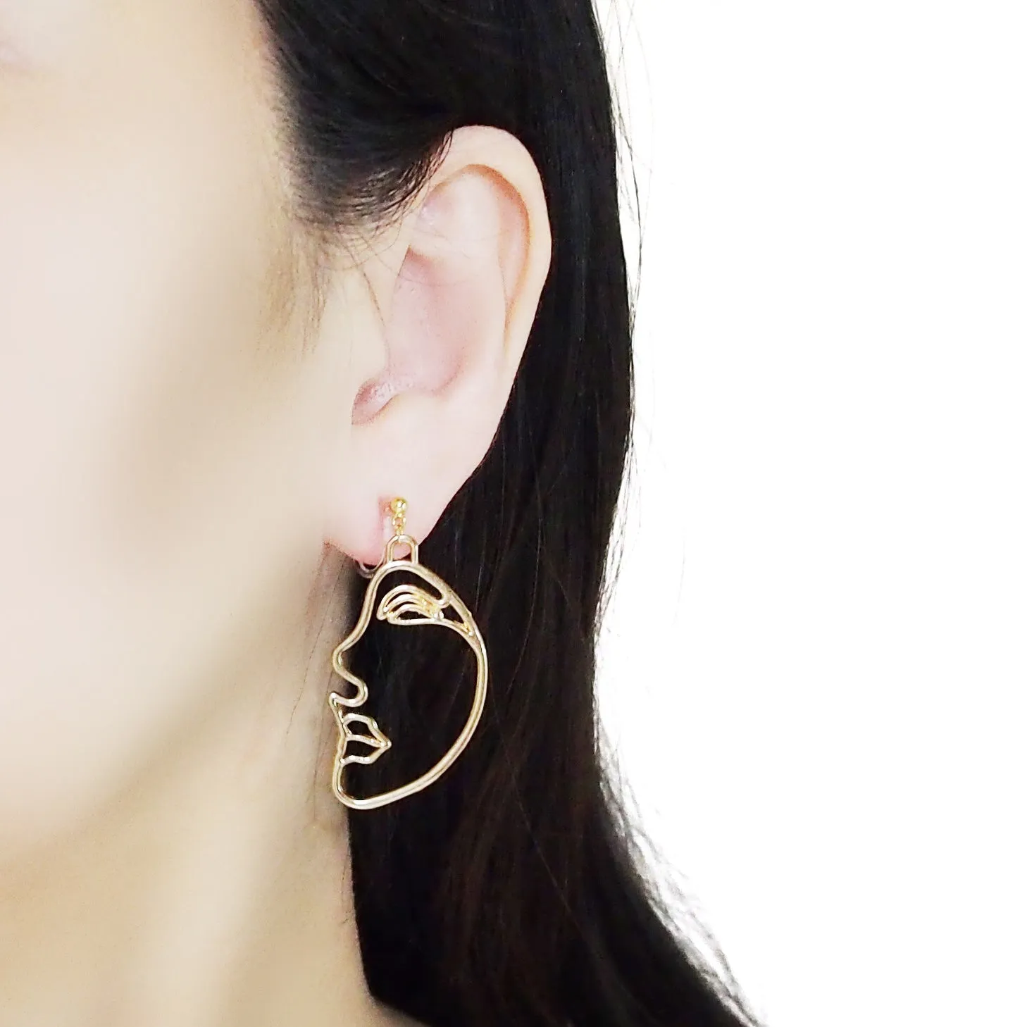 Gold Picasso Face Side Invisible Clip On Earrings