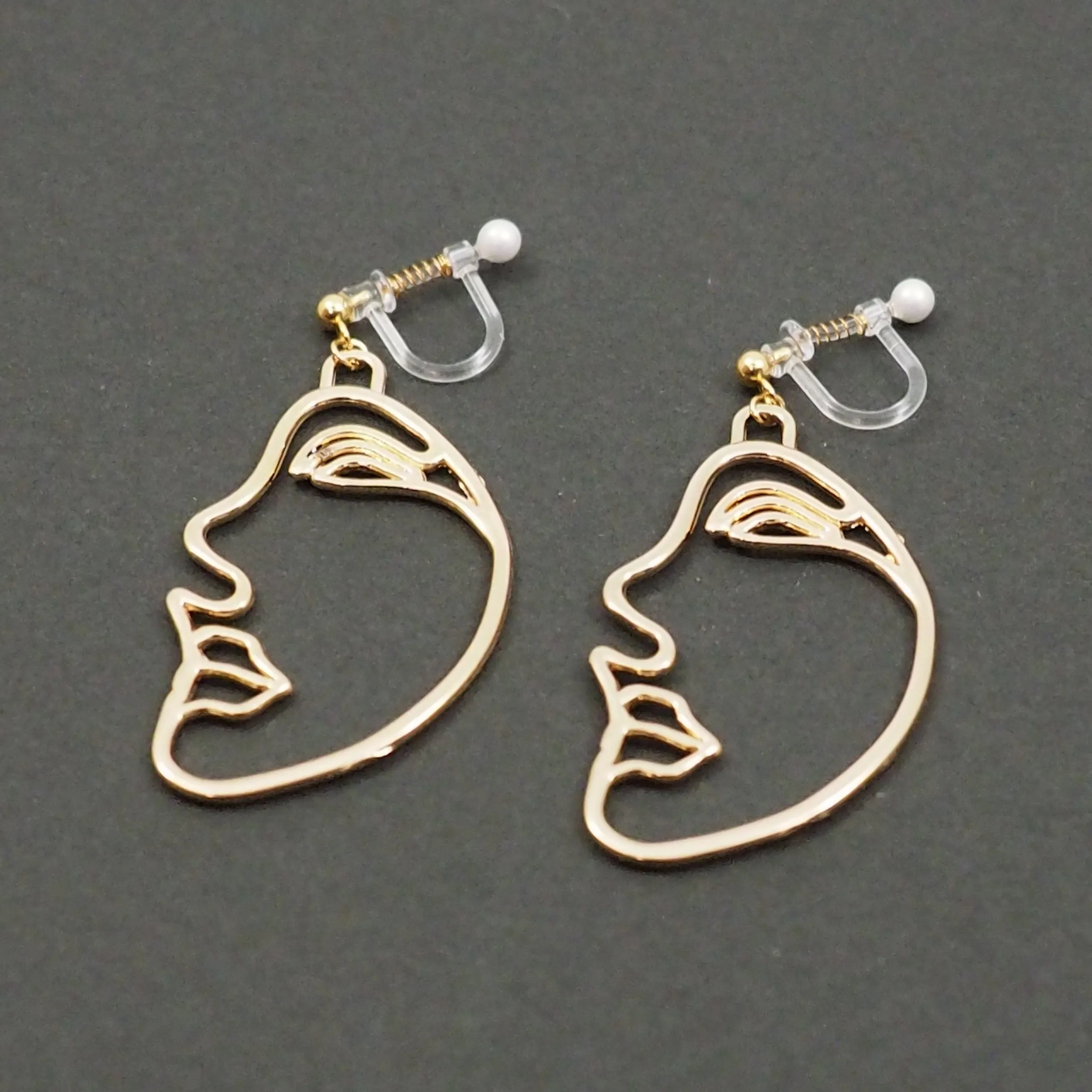 Gold Picasso Face Side Invisible Clip On Earrings