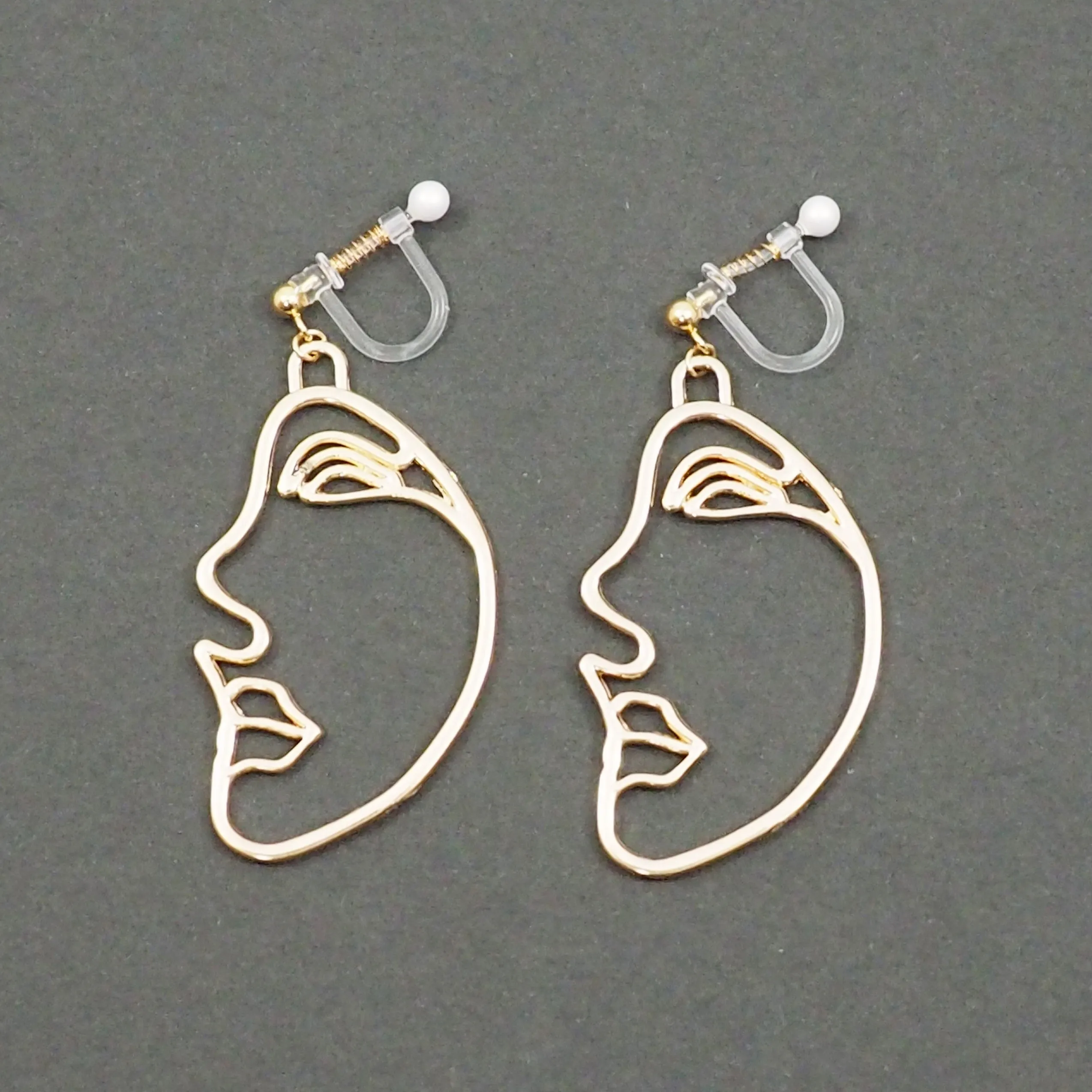 Gold Picasso Face Side Invisible Clip On Earrings