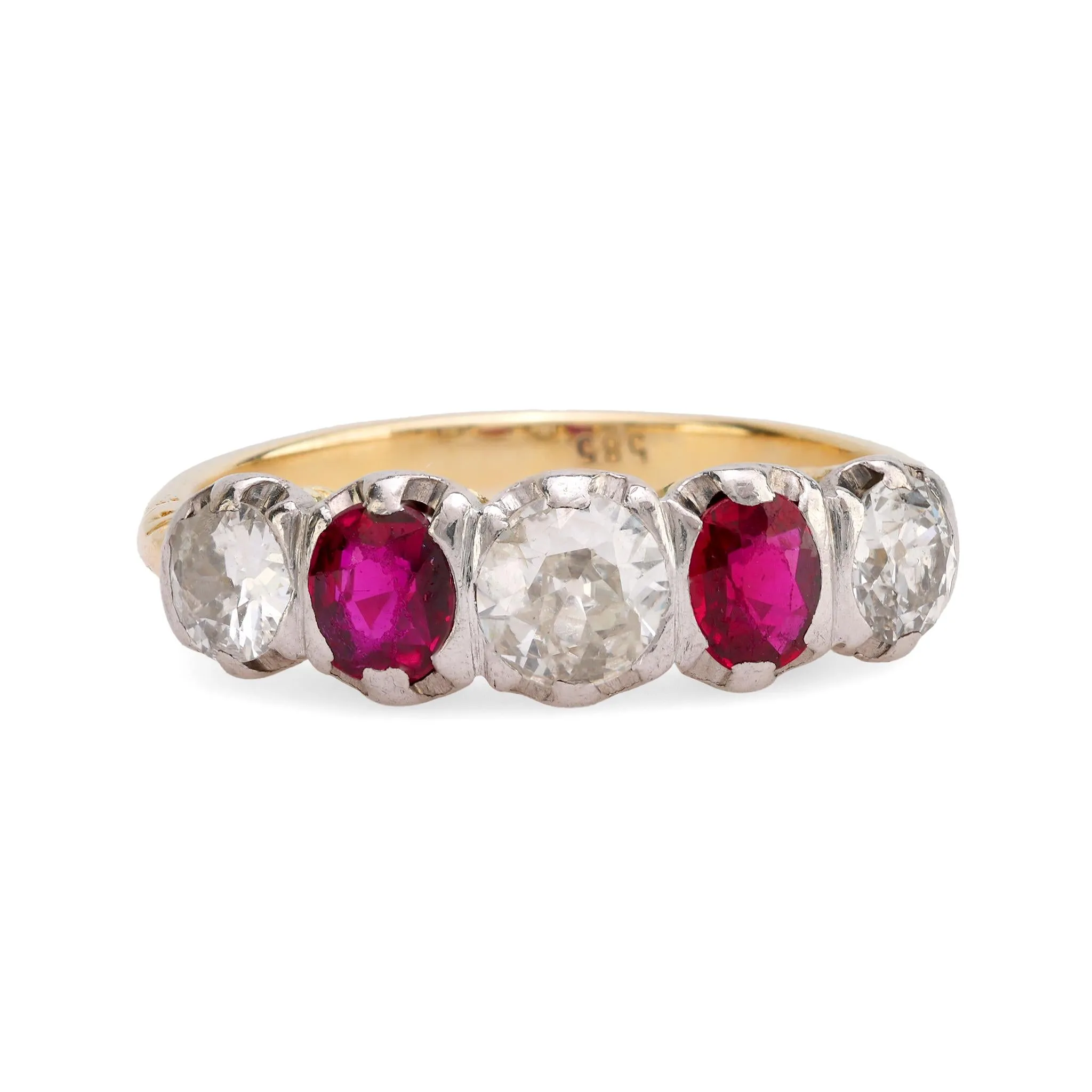 Gorgeous Victorian diamond ruby 14k yellow and white gold five stone ring