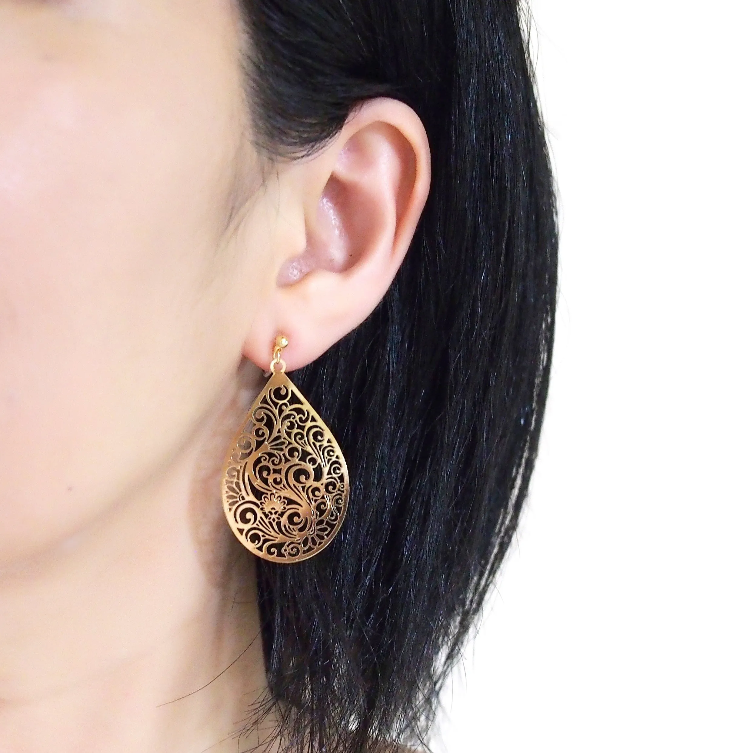 Large gold teardrop Victorian filigree invisible clip on earrings