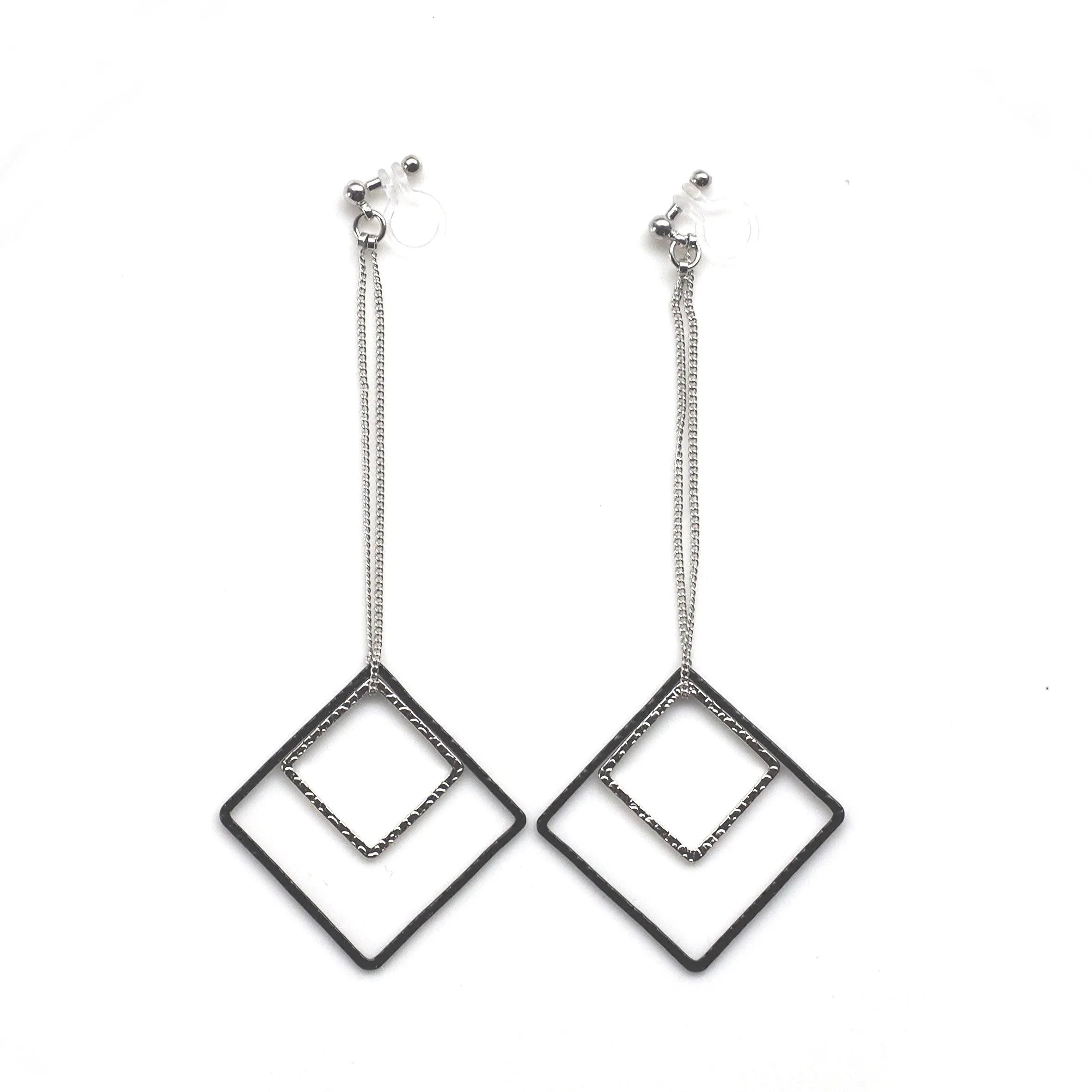 Long silver and black square metal invisible clip on earrings