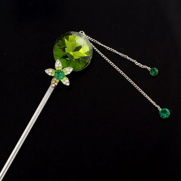 LUX Olive Green Swarovski Rhinestone Hair Stick with Tassels