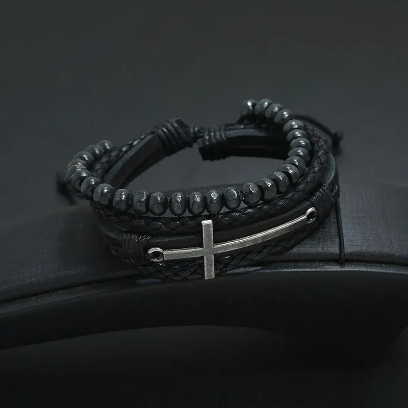 Men's Cross Bracelet <br> Beads and Leather