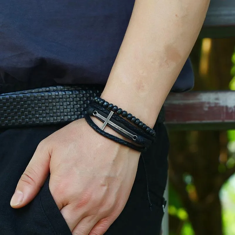 Men's Cross Bracelet <br> Beads and Leather