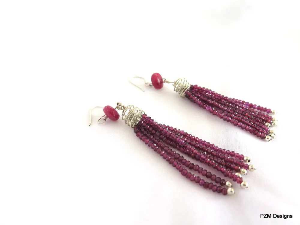 Natural Purple Garnet Tassel Earrings with Ruby Accents, Art Deco Tassel Earrings